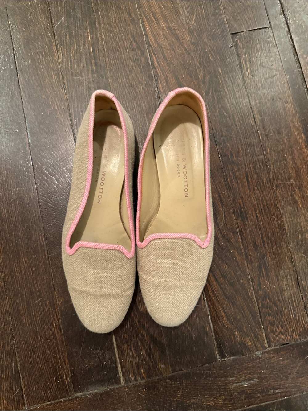 Stubbs & Wootton Beige Linen Flats with Pink Trim